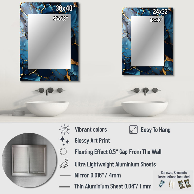 Or et saphir bleu marbre mosaïque V - miroir mural décoratif abstrait, miroir moderne, art imprimé en métal, 32 po x 24 po