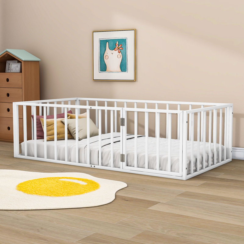  Lit plateforme en métal Denayah avec clôture et porte, Blanc, Simple