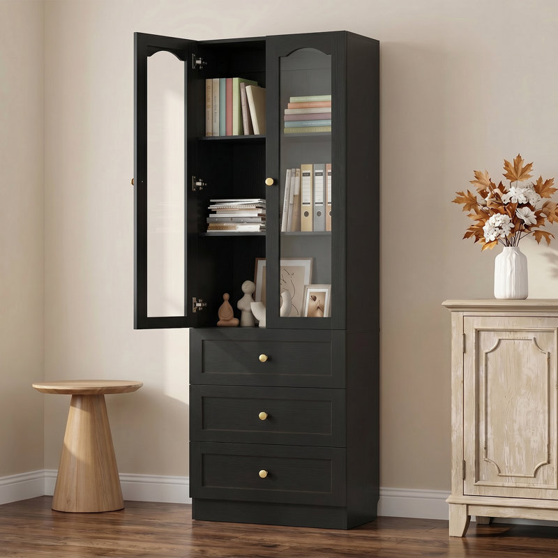 Bibliothèque H 80 "x l 23,6" avec tiroirs en bois et porte en verre, Noir