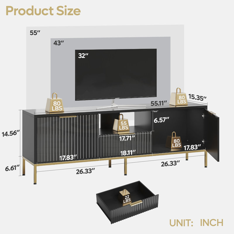 Kruszewski 55" Fluted TV Stand for 60 Inch TV, Glossy Media Console with Wave Pattern Buffet Cabinet, Black