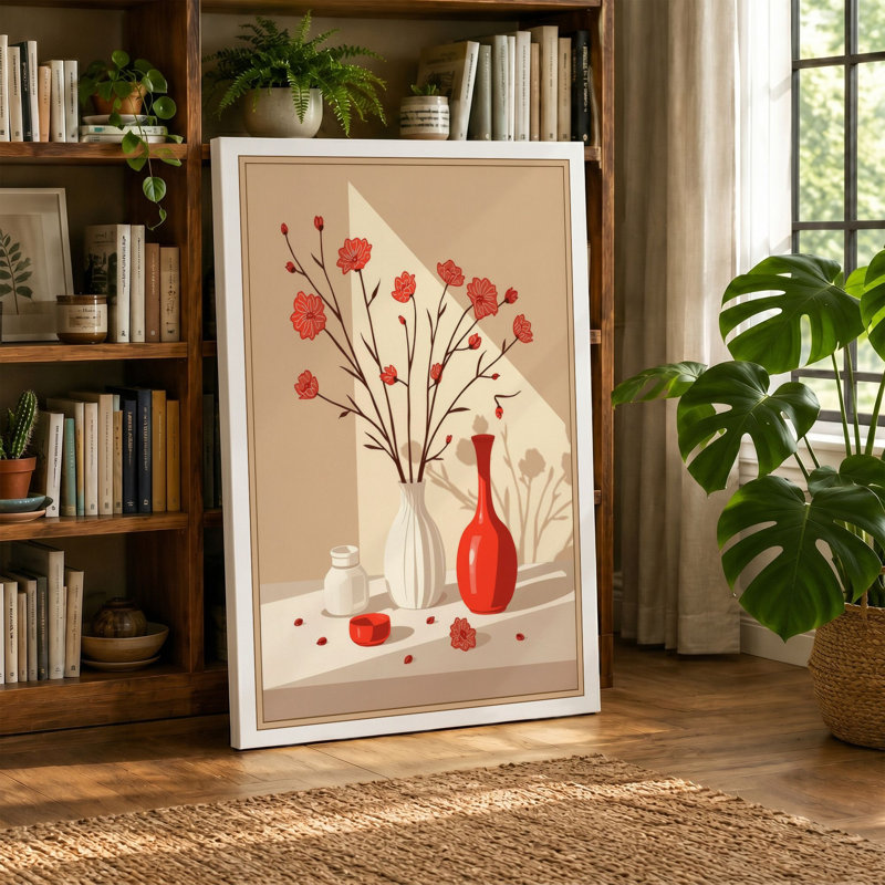 Red Vase and Carnations Art Deco - Wrapped Canvas, 18x12 - 45.7 x 30.5 cm, Black Border