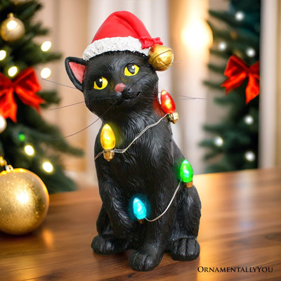 Figurine festive de chat noir avec lumières DEL, jolie statue de décoration intérieure de 7 po