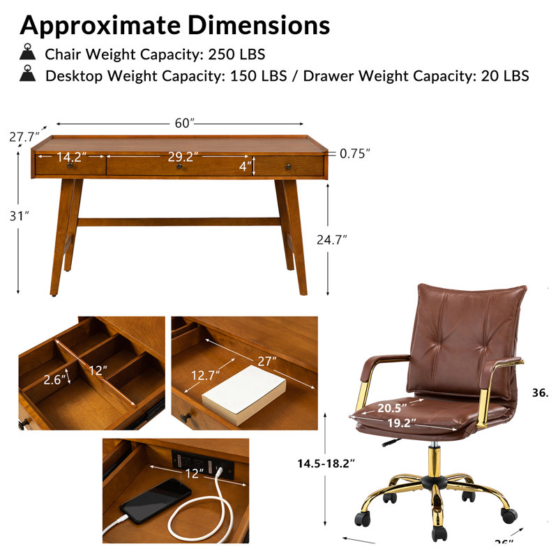 Lundgren Mid Century Modern 2-Piece Faux Leather Office Chair with Padded Arms and Solid Wood Built-in Outlets Desk Set