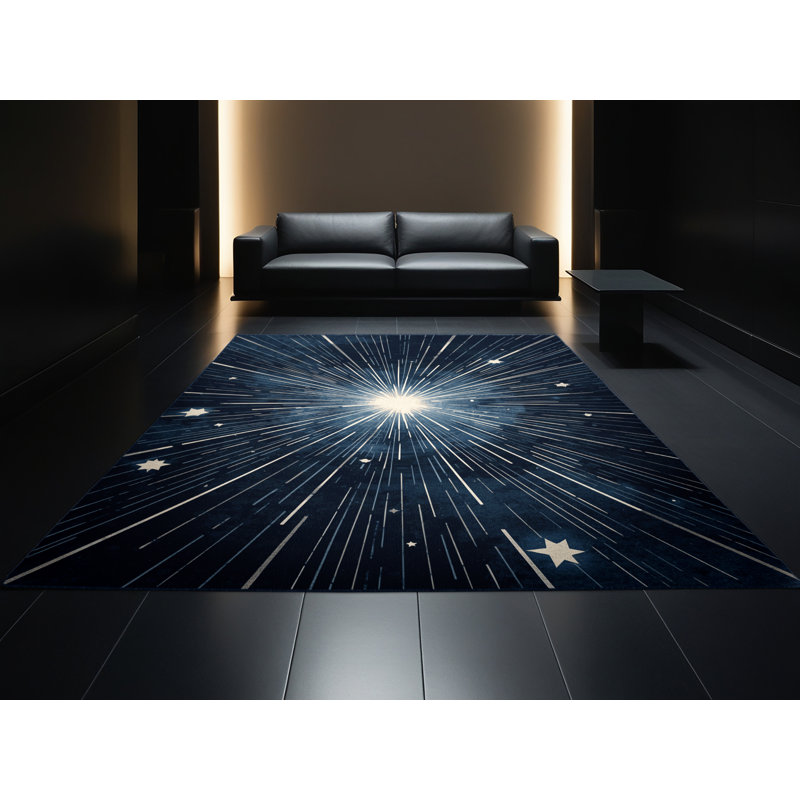 Machine Washable Palvinder Posh & Luxe Starburst Rug in Blue – Navy Binding, 7 x 10