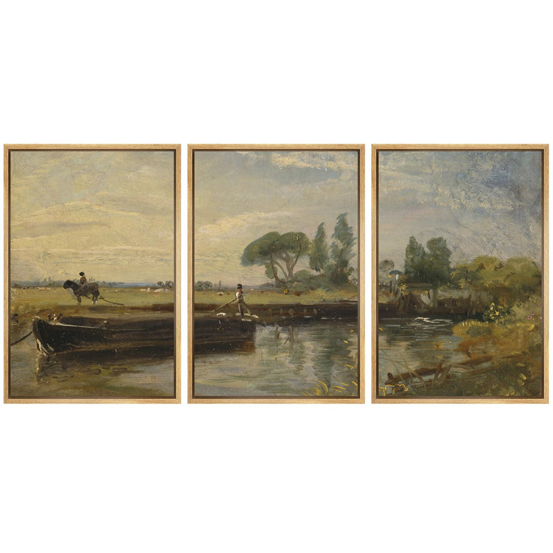 Rural Landscape " Riverside Pastoral Scene Rustic Country Life Nature Landscape Illustrations Modern Art Decor Rustic " 3 - Pieces