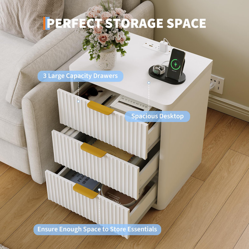Table de chevet cannelée moderne avec station de charge, tiroirs et espace de rangement ouvert pour la chambre à coucher