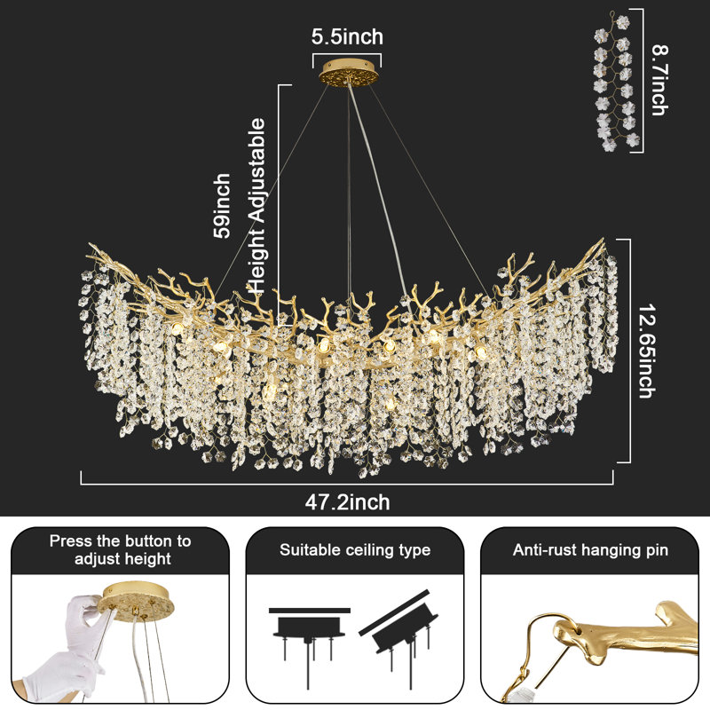 Tree Branch Snow Crystal Chandelier Lighting 47"L, Gold/White