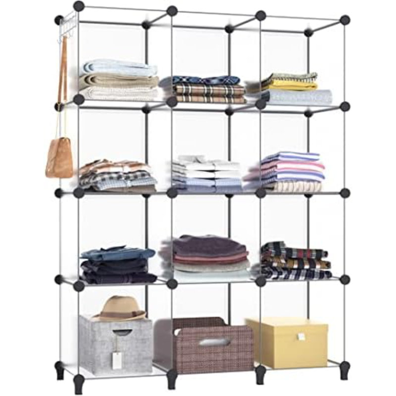 Organisateur de placard, organisateurs de placard à 12 cubes et rangement, tablettes de rangement de placard portables, rangement pour vêtements pour enfants, placard, chambre à coucher, salle de bain, bureau (11,8 x 11,8 x 11,8 pouces), transparent