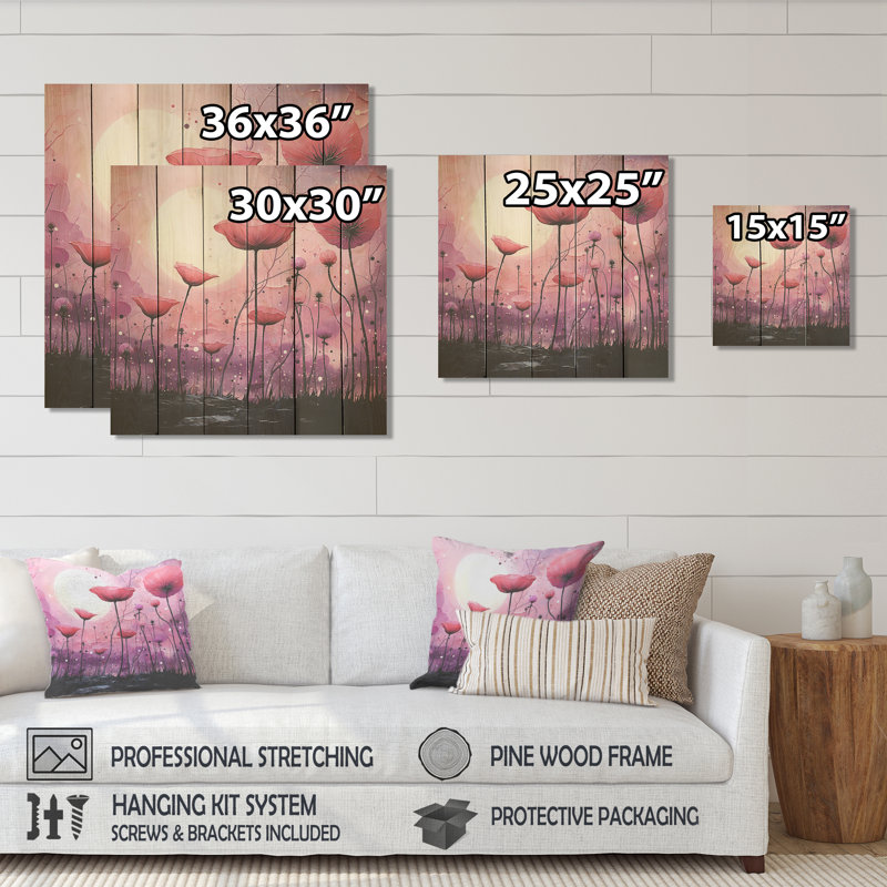 Motif de coquelicots roses et mauves au clair de lune - Poppies sur bois, H 30 po x l 30 po