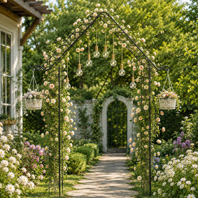 Arche de jardin avec treillis, support métallique pour plantes grimpantes et crochets