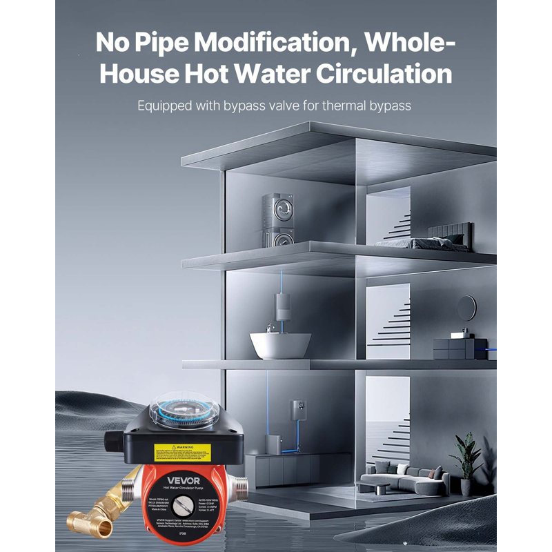 Hot Water Recirculating Pump, With Bypass Valve, Instant Recirculation Pump Kit With Timer, Adapter, Circulation Circulator System, Stainless Steel Head, 0.13 HP 110-120V, For Tank Water Heaters