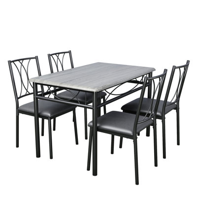 5-Piece Dining Table Set for 4, Rectangular Kitchen Table with 4 Upholstered Chairs - Metal Frame & MDF Top - Space-Saving Dinette for Small Apartments/Breakfast Nooks - Grey