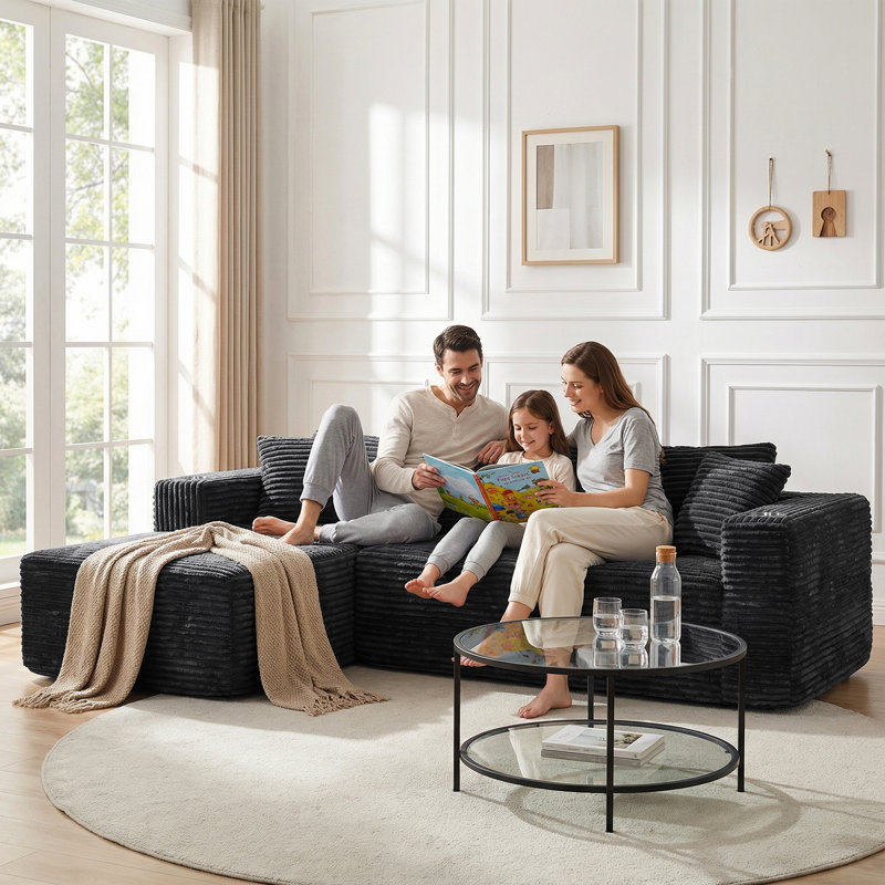 102.3" Cloud-Like Modular Sectional Sofa, Black Corduroy