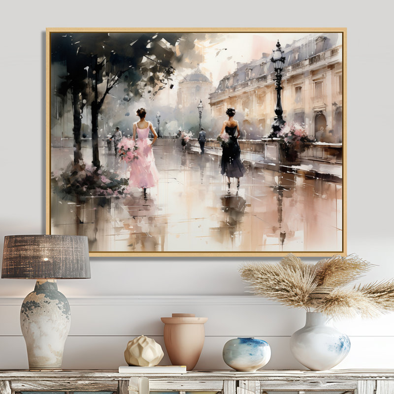 Impression sur toile Fashion Impressionist Elegance I, Reproduction avec cadre flottant, H 30 po x l 40 po, Doré