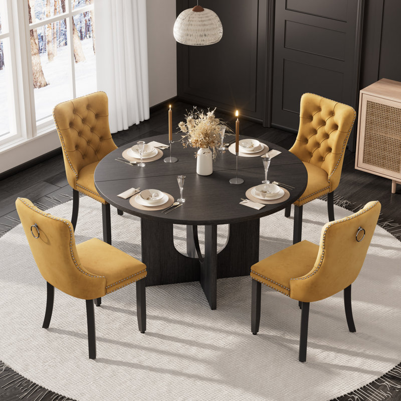 Wooden Farmhouse Dining Table Set, Round Dining Table with Tufted Velvet Dining Chair for Dining Room, Yellow