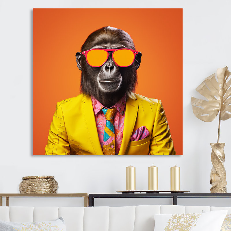 Décoration murale singe jaune et orange, Toile tendue, H 16 po x l 16 po x P 1 po