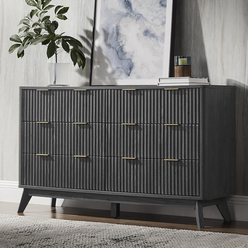 Sladen Fluted Design 6-Drawers Dresser Organizer, Wood Wide Chest of Drawers, Dark Alder