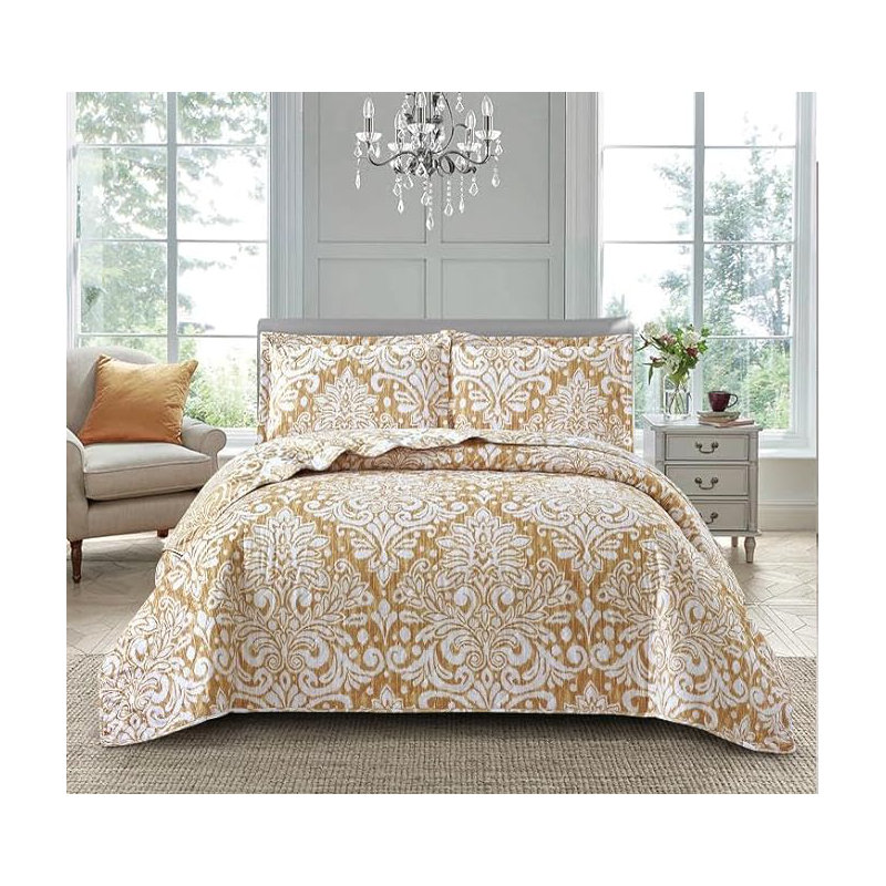 Andrena Microfiber Bedspread with Pillow Shams, Gold, Super King Bedspread + 2 Standard Pillow Shams, Damask