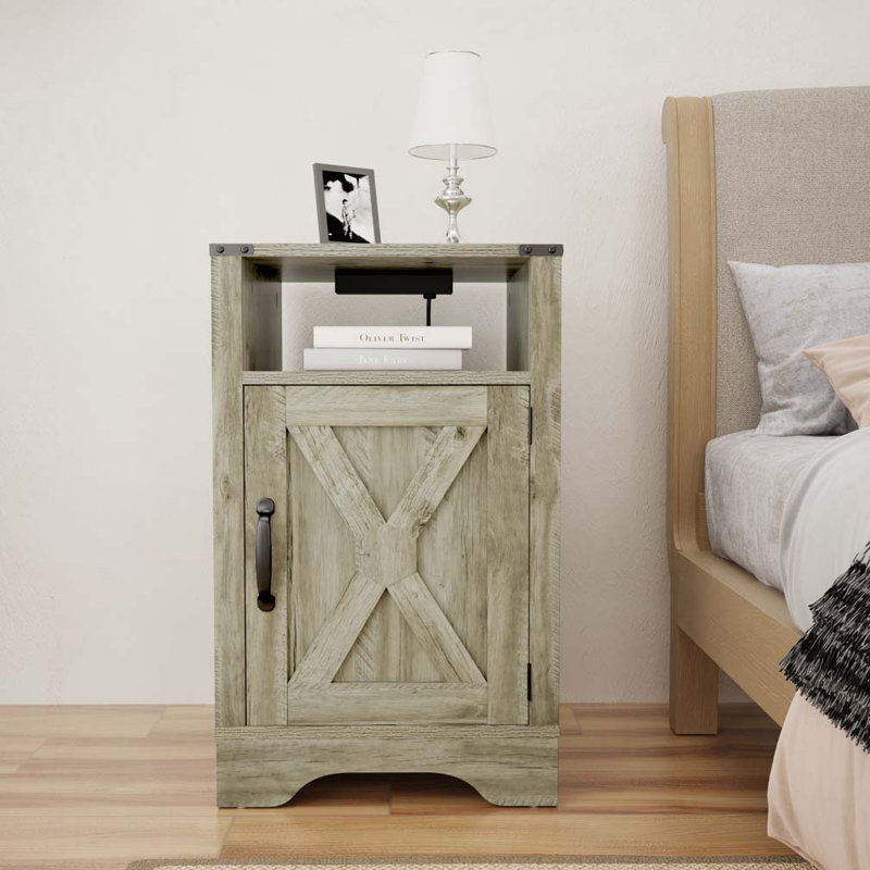 Table d'appoint ou table de chevet en bois de style maison de campagne avec station de charge, Gris clair