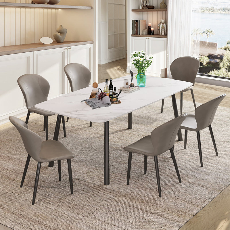 70.9'' Contemporary Dining Table Set, Faux Marble Dining Table for 6-8 People for Living Room, Scratch and Heat Resistant; Upholstered PU Leather Dining 6 Chairs with Ergonomic Backrest Design