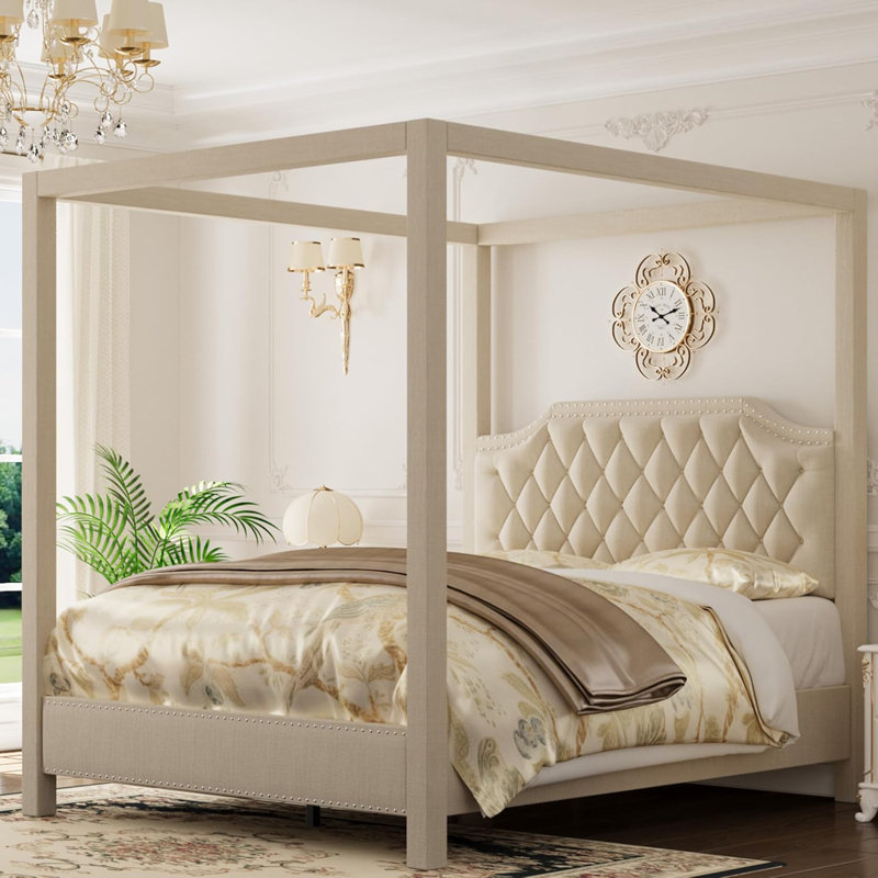 Queen Upholstered Canopy Bed Frame with Button Tufted Headboard & Nailhead Trim, Natural, Beige, Queen