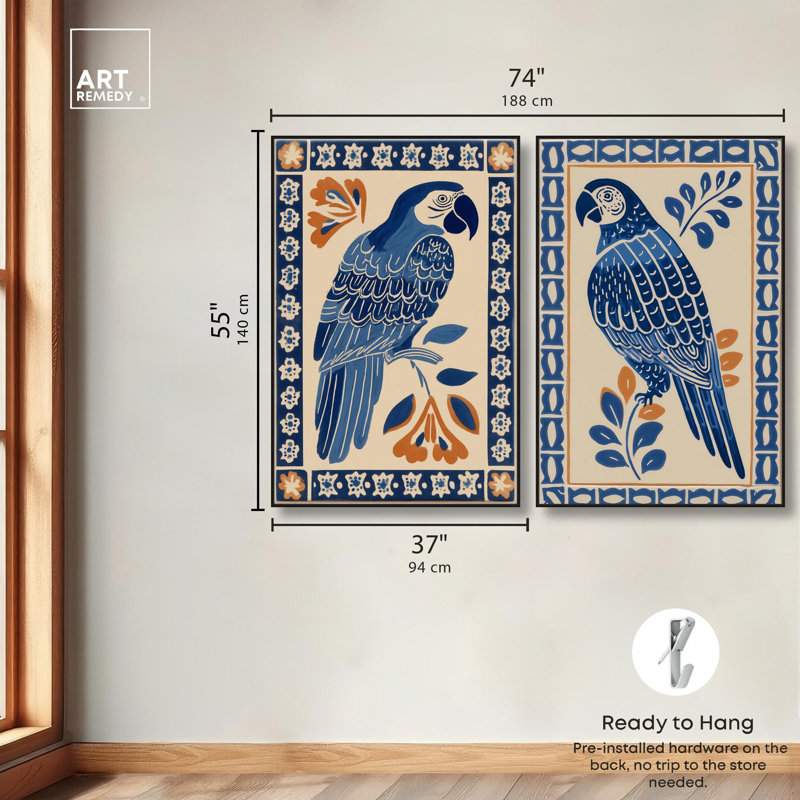 Azulejo Parrots Canvas Print Boho Abstract Art Set by Art Remedy, Gold Frame, 36 x 54, 55" H x 37" W, Black Frame