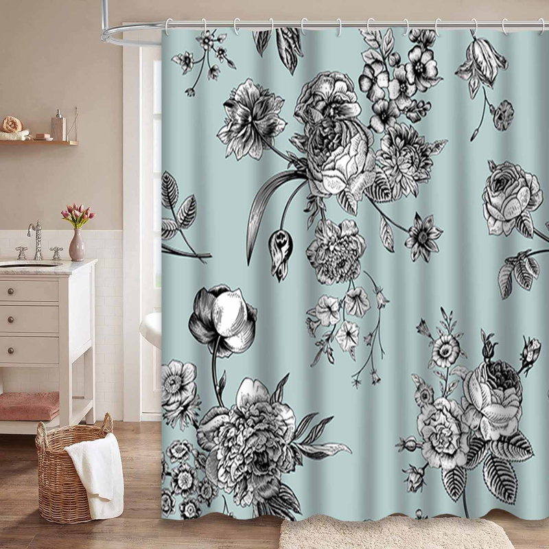 Rideau de douche imperméable à motif floral noir et blanc avec 12 crochets, L 72 po x l 84 po