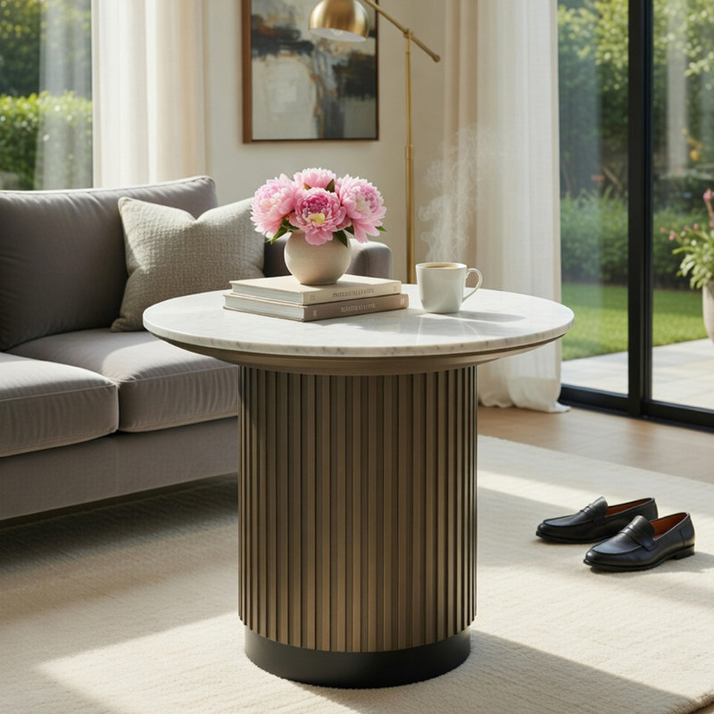 Table de bout Jeh, plateau rond blanc de 22 po, base cannelée, brun chêne