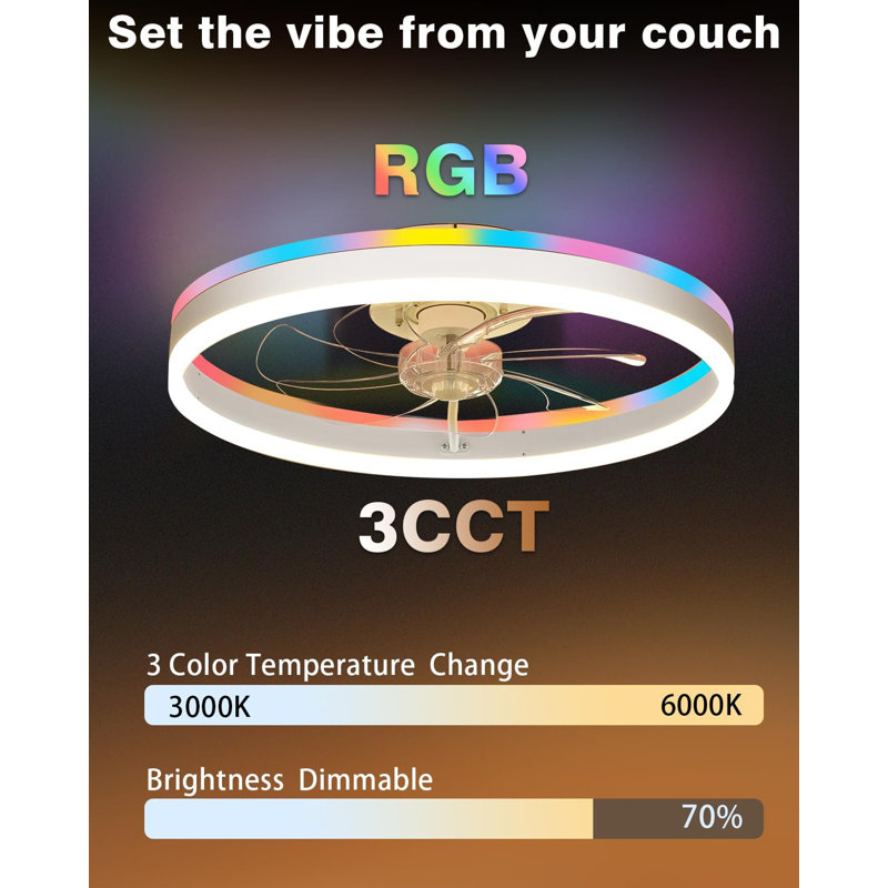 20" Smart Flush Mount Ceiling Fan with RGB & CCT Dimmable LED Light, 6-Speed Reversible Bladeless Fandelier, Low Profile Ceiling Fan with App/Remote Control, White