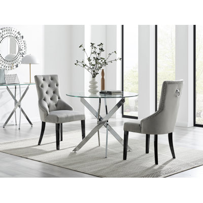 Tierra Modern Chrome Metal & Glass Round Dining Table Set with 2 Luxury Button Velvet Chairs