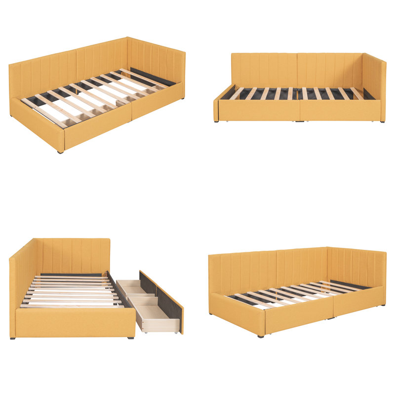 Upholstered Daybed With 2 Storage Drawers Twin Size Sofa Bed Frame No Box Spring Needed, Linen Fabric, Yellow