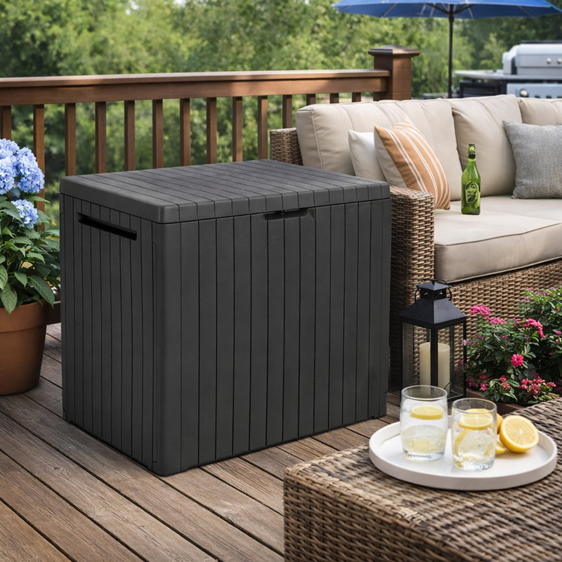 30 Gallon Resin Outdoor Deck Box with Lockable Lid for Garden, Pool, and Patio, Dark Grey