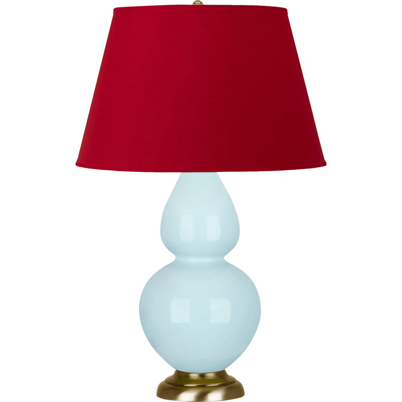 Lampe de table double gourde en céramique, Blanc cassé, Bleu bébé verni / laiton, Laiton