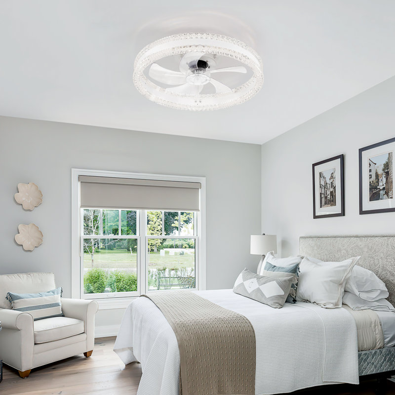  20" Crystal Ceiling Fan With LED Light And Remote, Double Ring Modern Flush Mount Hidden Blades Ceiling Fan, White