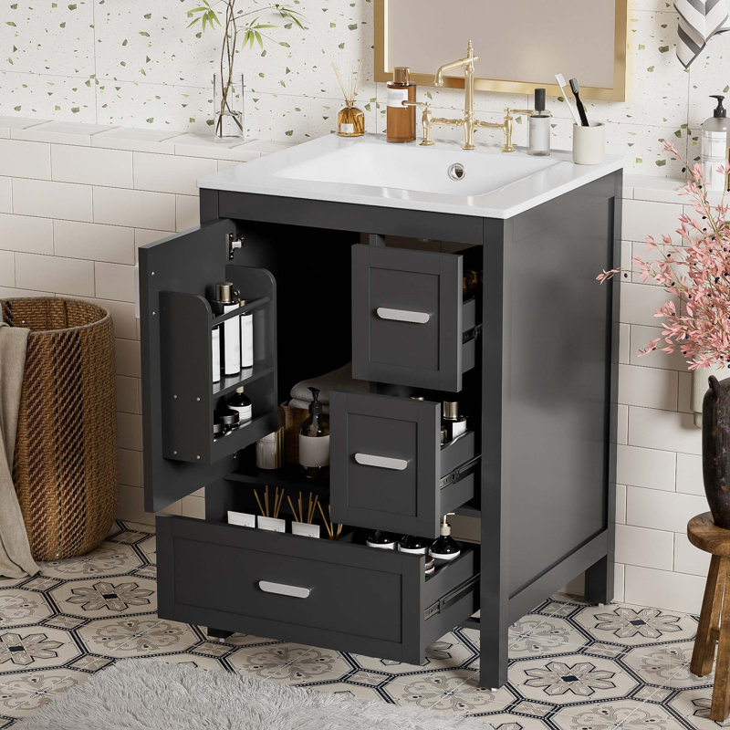 Meuble-lavabo moderne avec lavabo en céramique intégré et rangement à fermeture en douceur, Noir