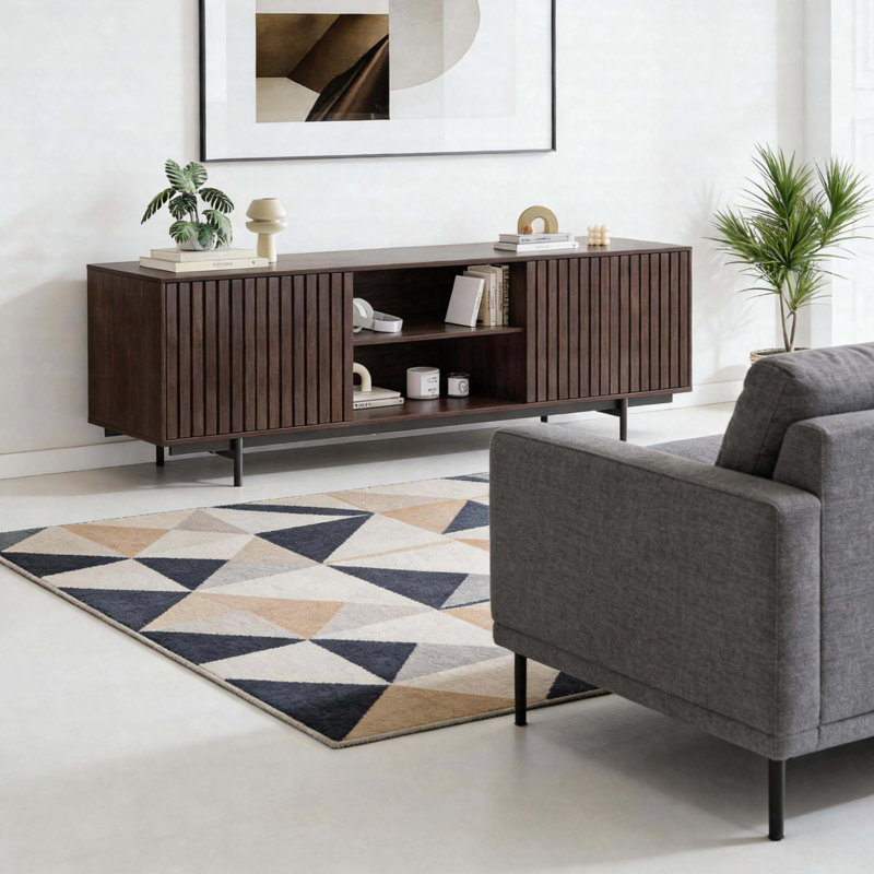Mid-Century Modern TV Stand For Tvs Up To 75", Fluted Wood Entertainment Center With Pop-Up Doors, Farmhouse Media Console With Storage