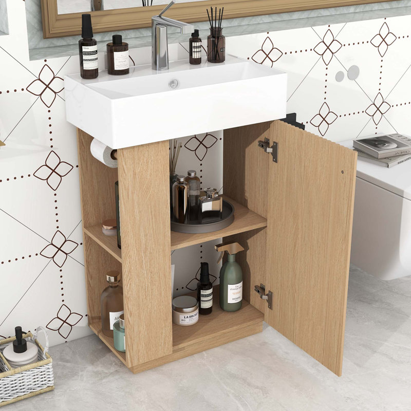 Meuble-lavabo de salle de bain avec lavabo en céramique, porte à fermeture en douceur et tablettes réglables