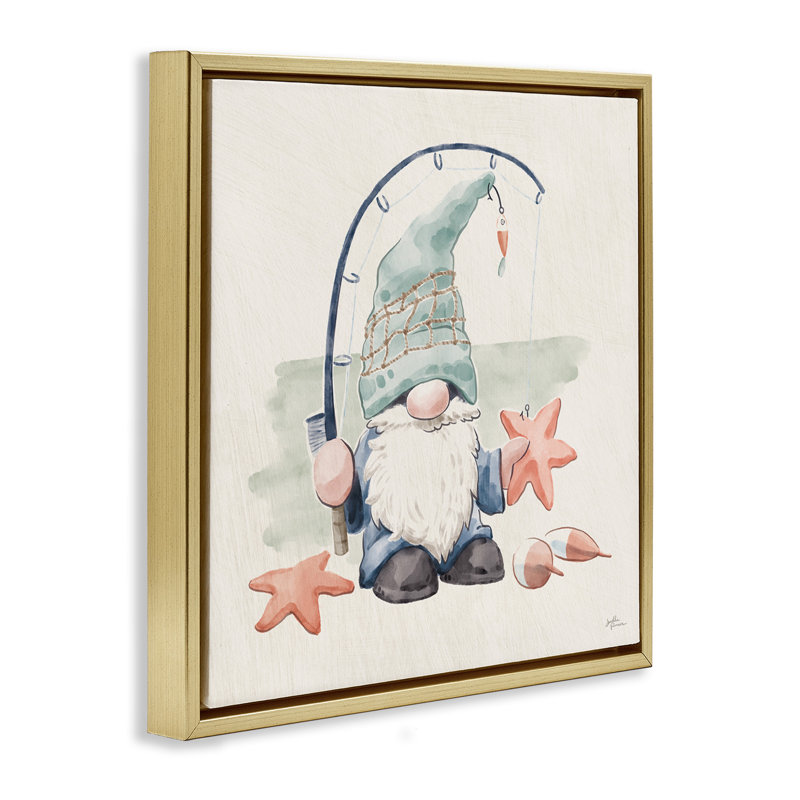 Gnome de pêche d'été, Cadre flottant métallique doré, H 25 po x l 25 po