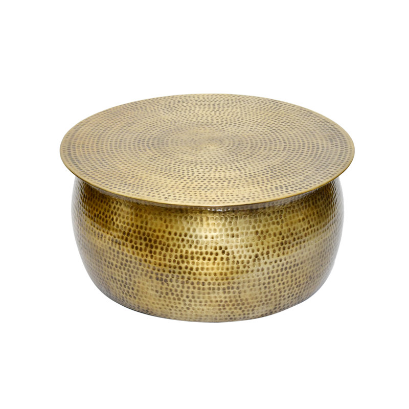 Hand-hammered Antique Brass Coffee Table – Round Drum Design