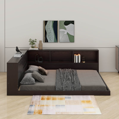 L-Shape Wood Daybed With Storage Shelves, Space Saving Corner Bed Frame With Charging Station, USB And LED