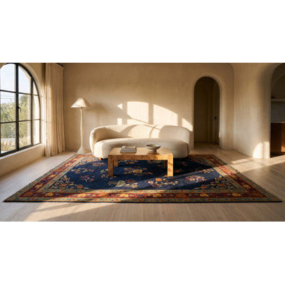Tapis rectangulaire chinois en laine noué à la main de style antique années 1920 bleu art déco
