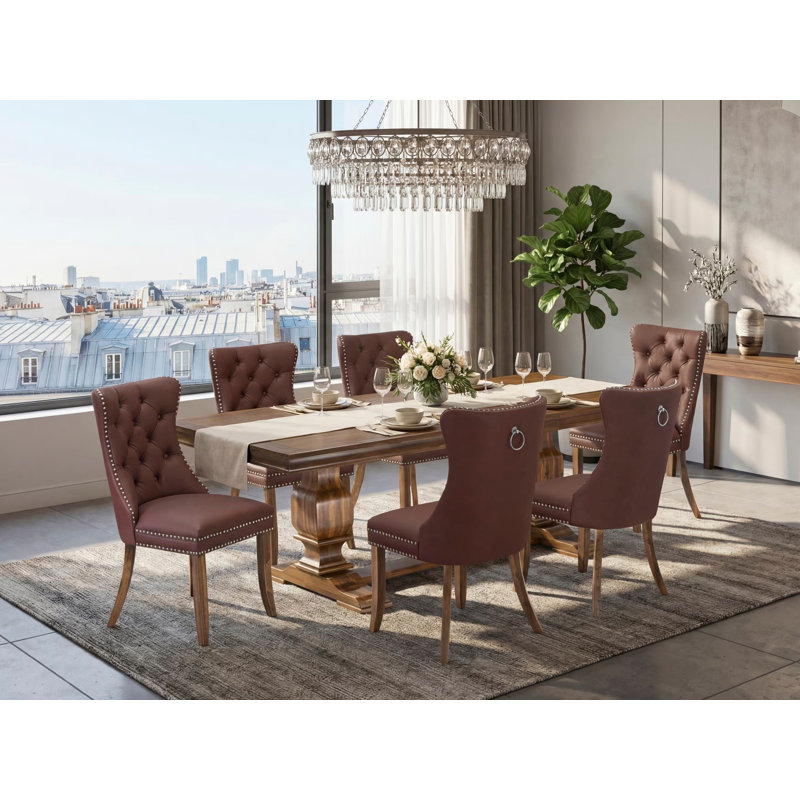 7-piece Modern Dining Table Set consists of a Kitchen Table and 6 Burgundy Polyester fabric Dinner Chairs with Button tufted Back - Antique Walnut Finish