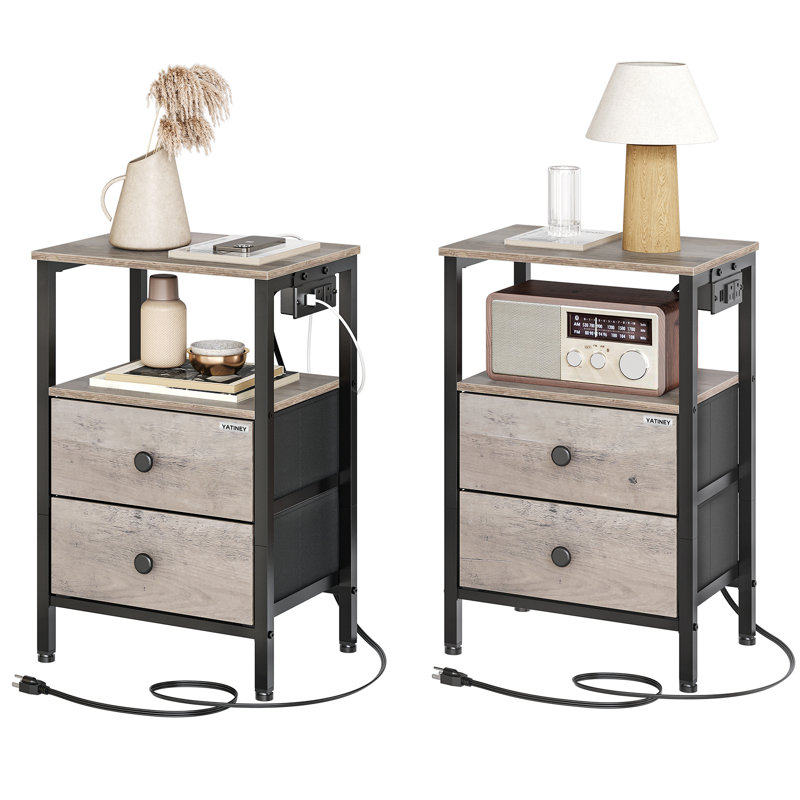 23.4"H End Table with Charging Station and 2 Non-woven Fabric Drawers, Gray
