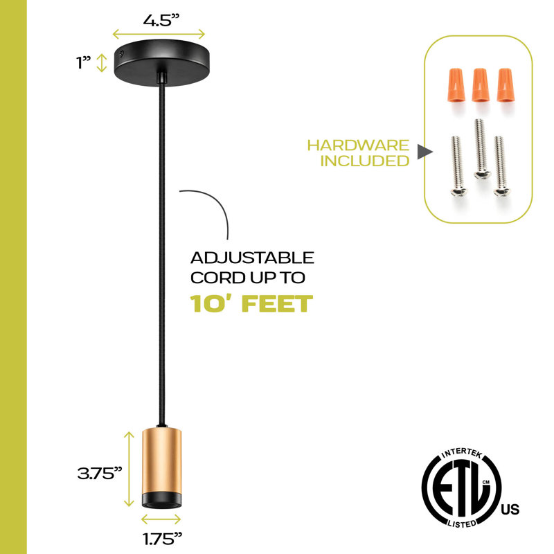 Luminaire suspendu simple en laiton et noir avec cordon ajustable en tissu noir de 10 pi