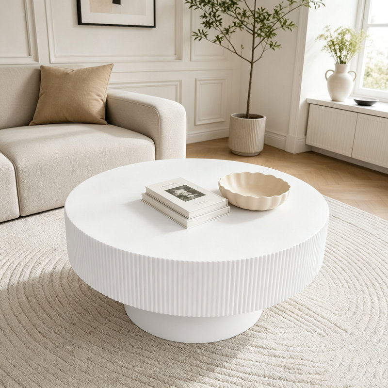Table basse ronde avec plateau de table épais de 6,8 po et table de bout moderne, H 13,7 po x L 31,5 po x l 31,5 po, Blanc