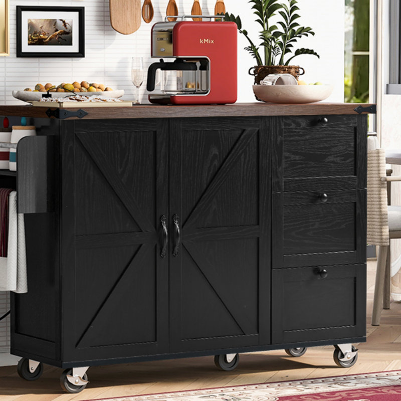 Babken Rolling Kitchen Island with Drop Leaf and Power Ports, Black