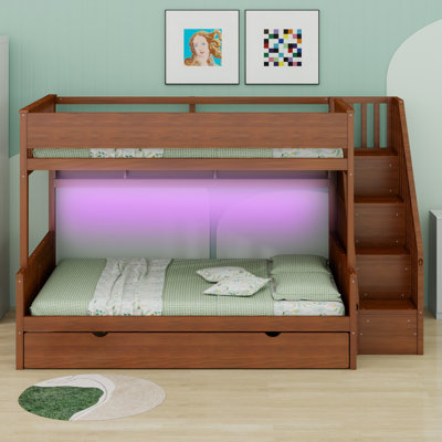 Lit superposé moderne avec tablettes de rangement, escalier, lit gigogne et éclairage DEL