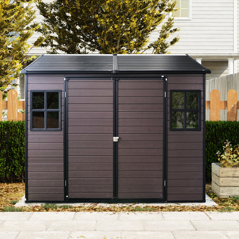 8X6 Ft Resin Garden Shed For Patio, Backyard - Waterproof Floor, Lockable Door, Two Windows  Brown Outdoor With, Brown