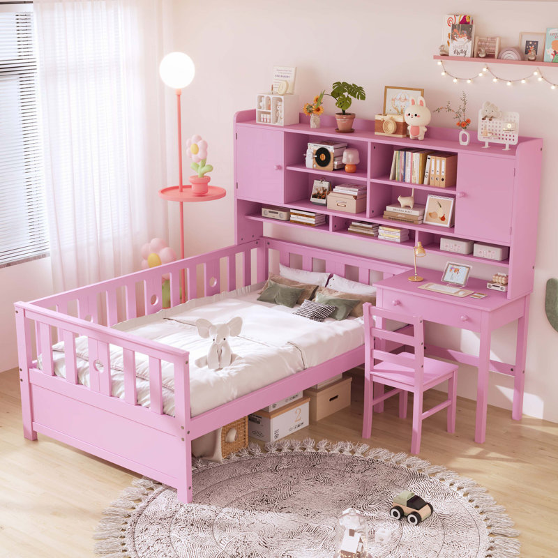 Wood Platform Bed with Bookshelf at the Head of the Bed, Built-in Desk and Matching Chair, Pink