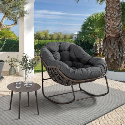Outdoor Papasan Recliner Chair，Rattan Rocking Chair with Cushion for Porch, Patio, Living Room, And Garden by Latitude Run